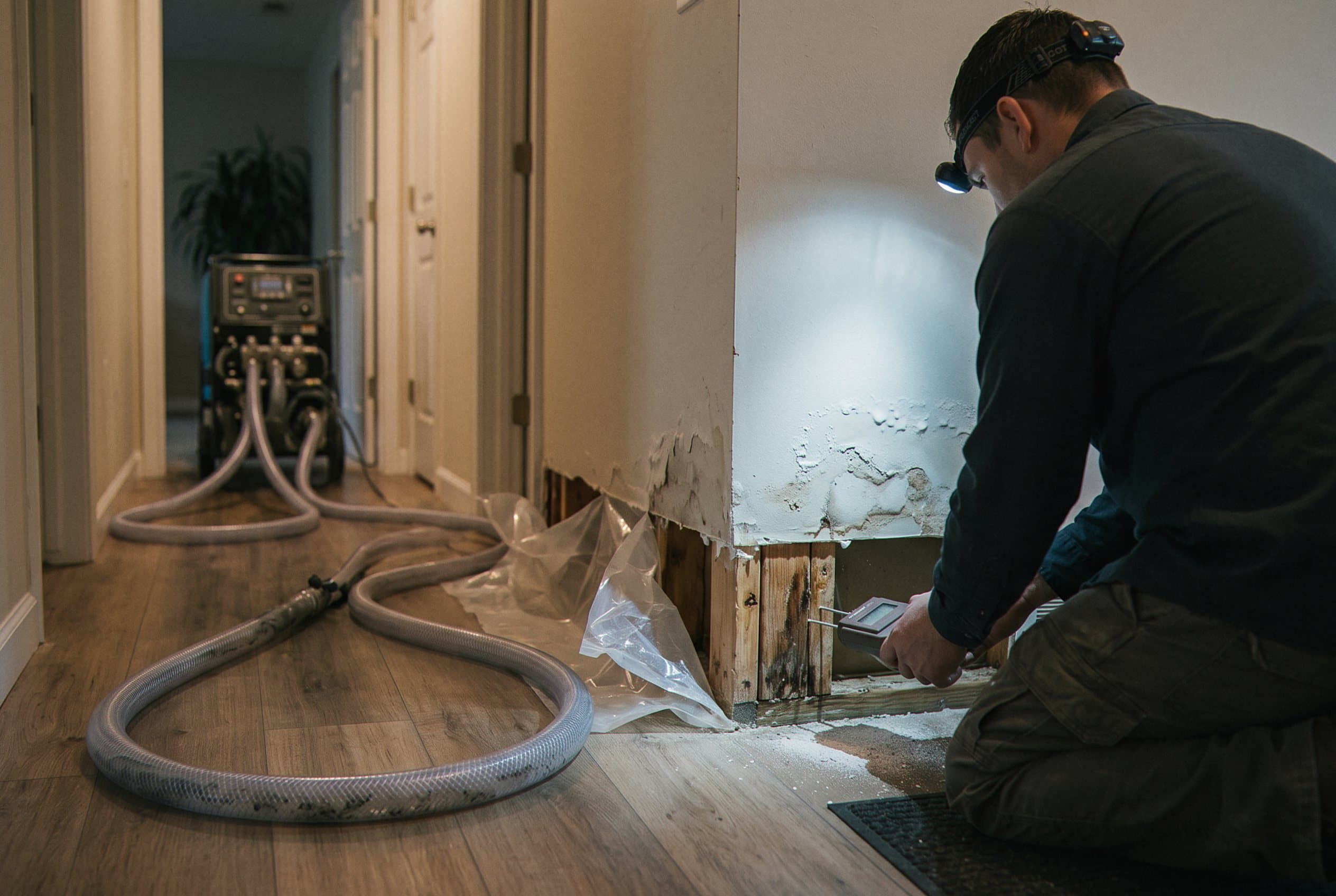 Technician monitoring dehumidifier during structural drying