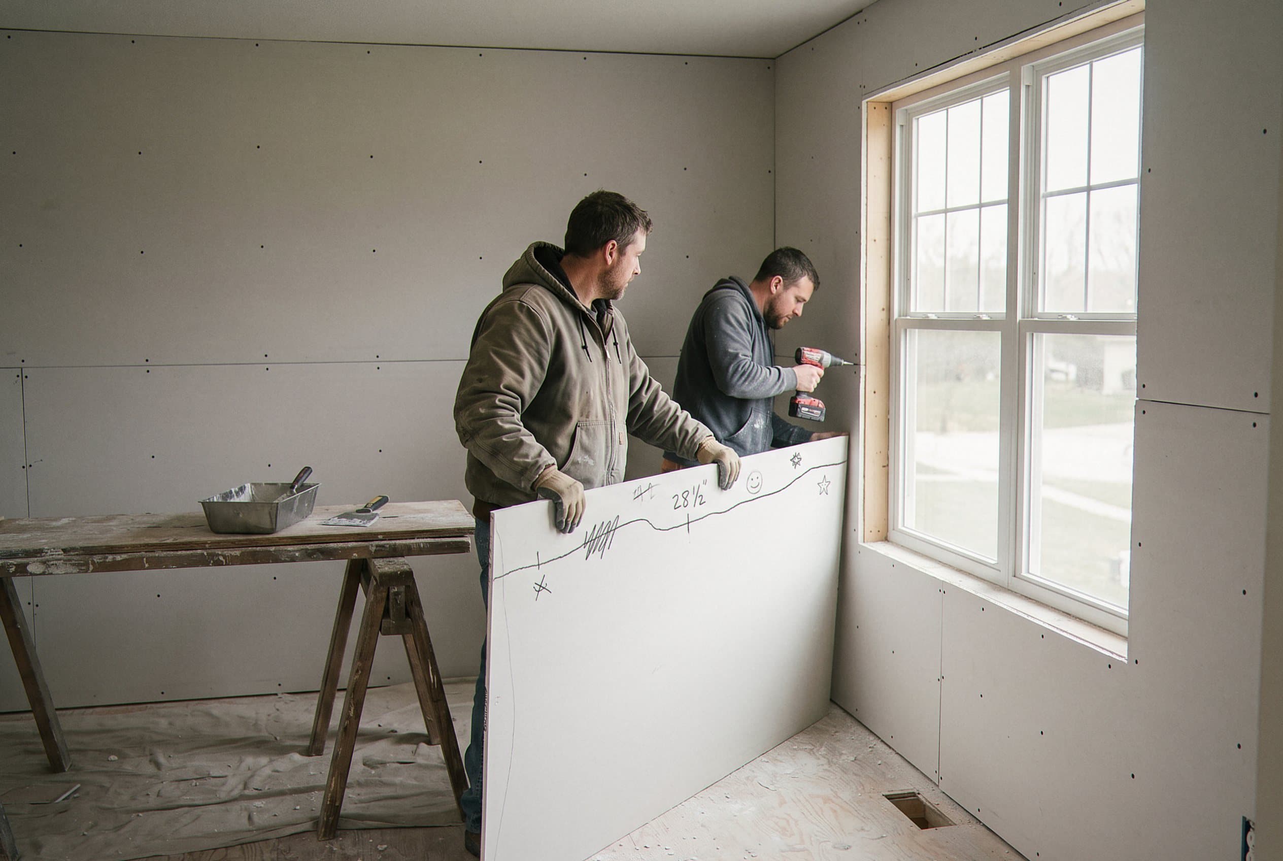 Installing new drywall over framing cavity