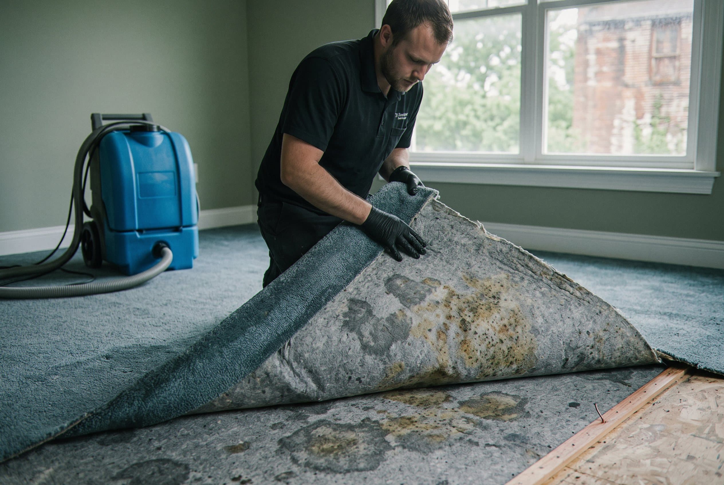 Technician operating extraction equipment on wet carpet